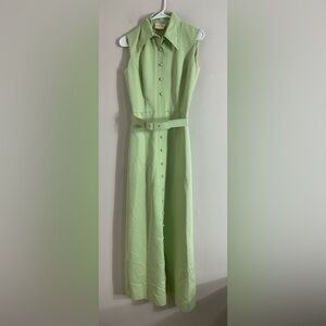 Vintage Women Size 8 Green Sleeveless Collared Button Belted Midi Shirt Dress